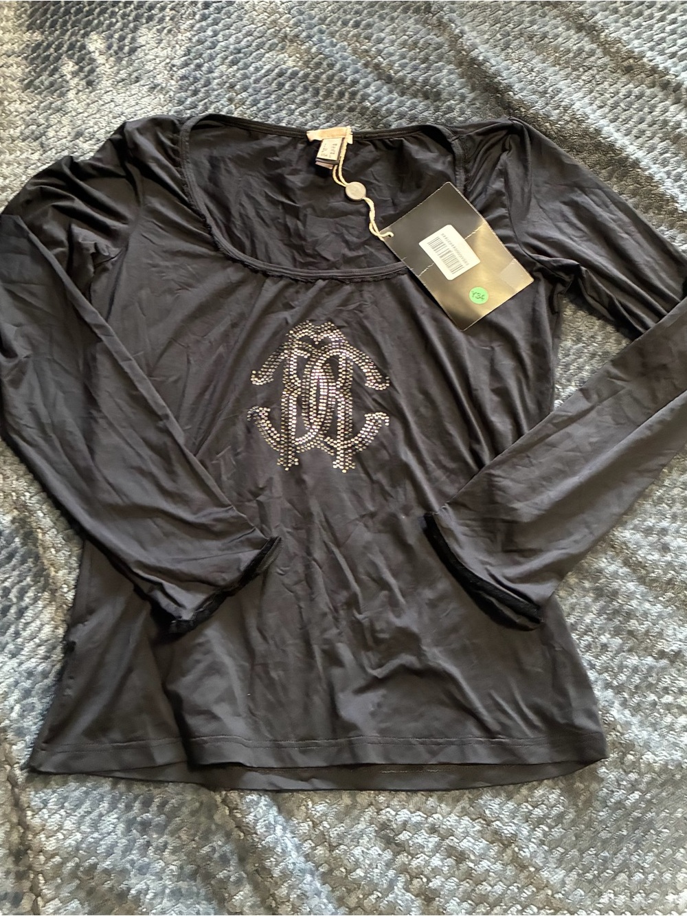 Roberto Cavalli Black Long Sleeve Scoop Neck Top with Crystal Logo